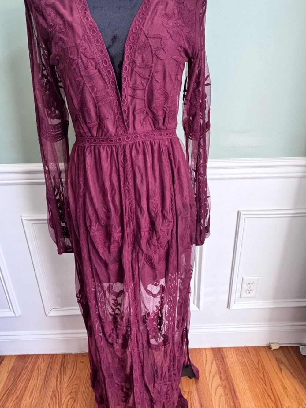 Women's Lace Long Sleeve romper Maxi Dress in Burgundy